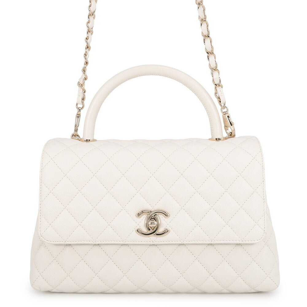 Chanel Matelassé Handbag, Coco Mark, Handle, Caviar Skin, A92991, 2-way, Whit...